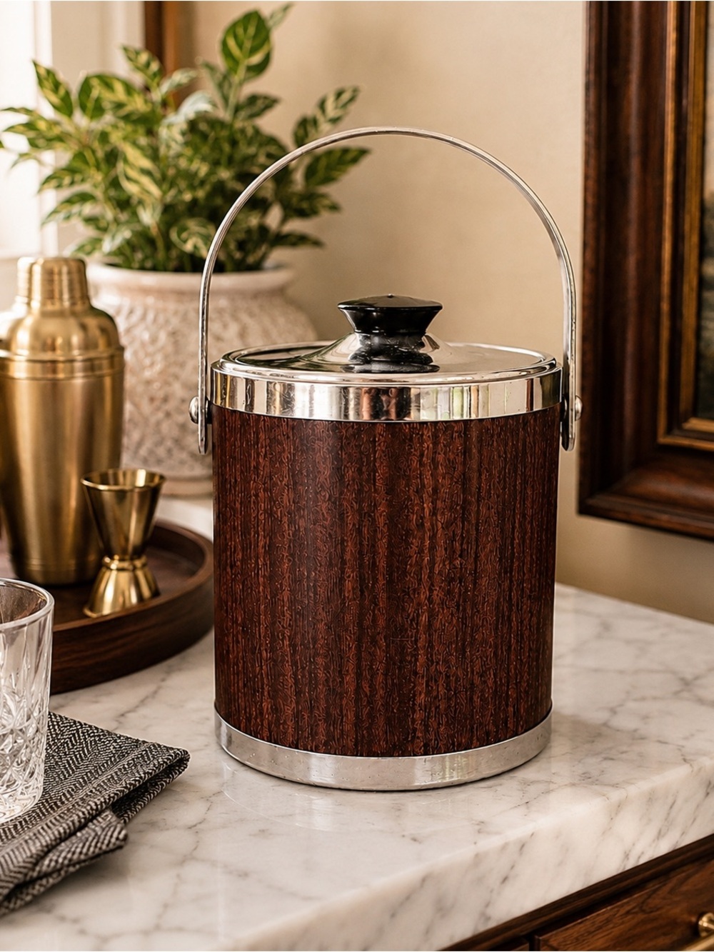 Vintage Mid Century Faux Woodgrain Ice Bucket with Chrome Handle & Lid Barware